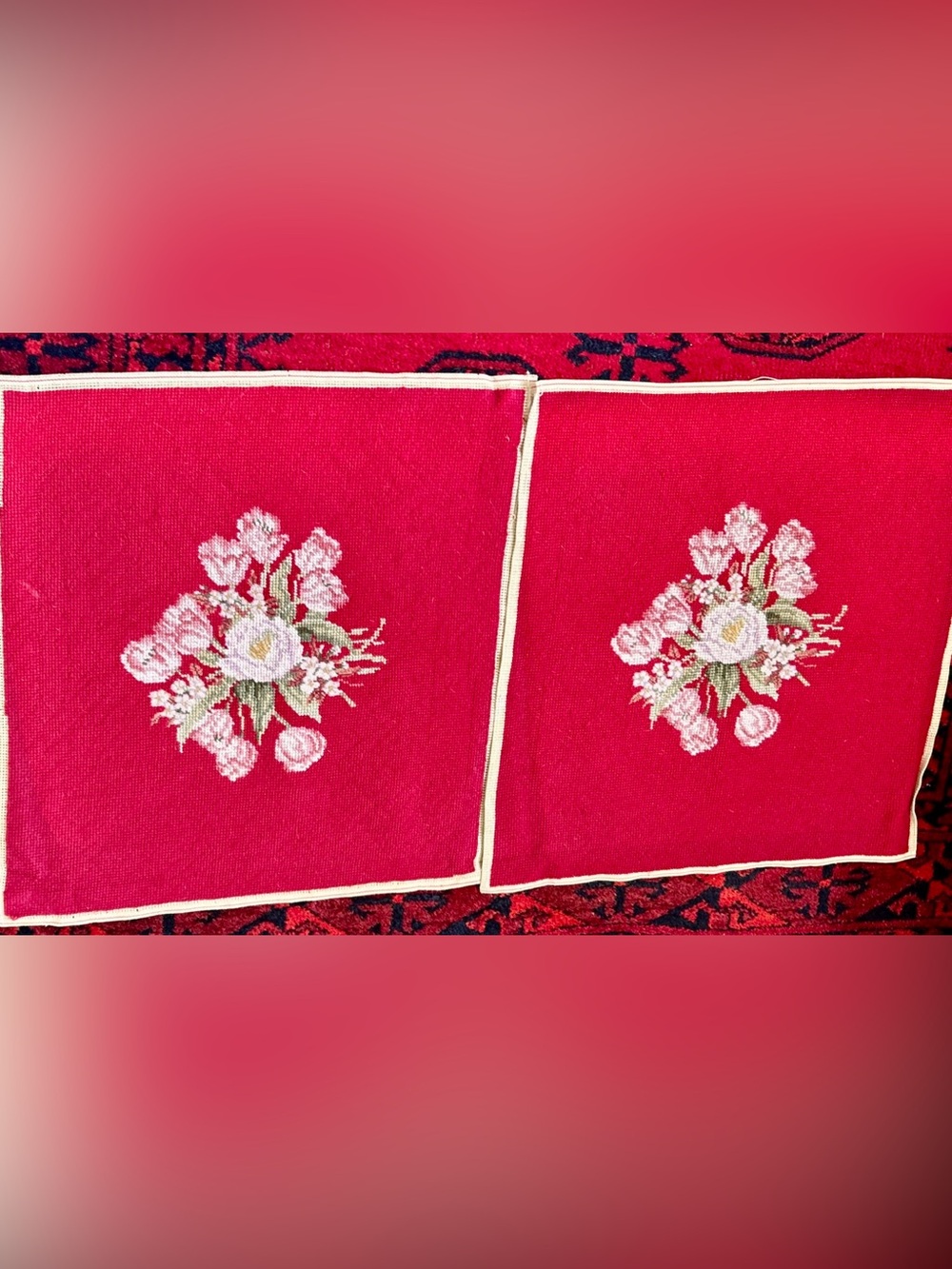 PAIR Needlepoint HANDMADE Panel 17 X 16 Red Good Vintage Floral Petit Pointe OLD